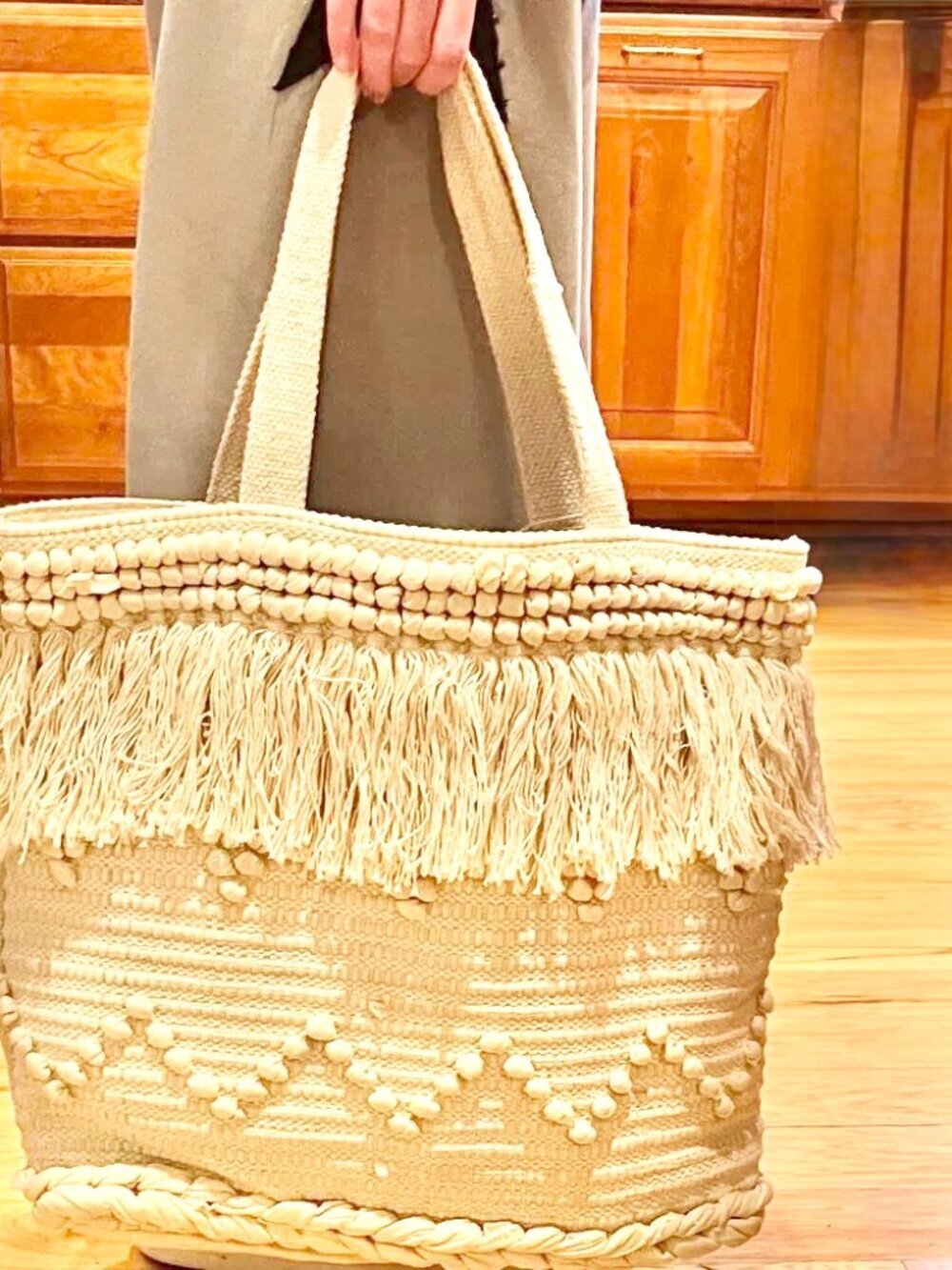 NWT Aprii Marin Bohemian Cotton Woven Tote Bag Natural Cream Beach Large